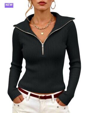 Women's Half Zip Collared Sweater Fitted Ribbed Knit Pullover
